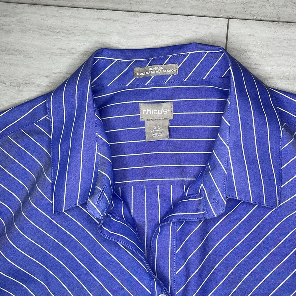 CHICO’S coolmax all season no-wrinkle button up blouse Blue Pinstripe sz 14 top - Picture 2 of 8